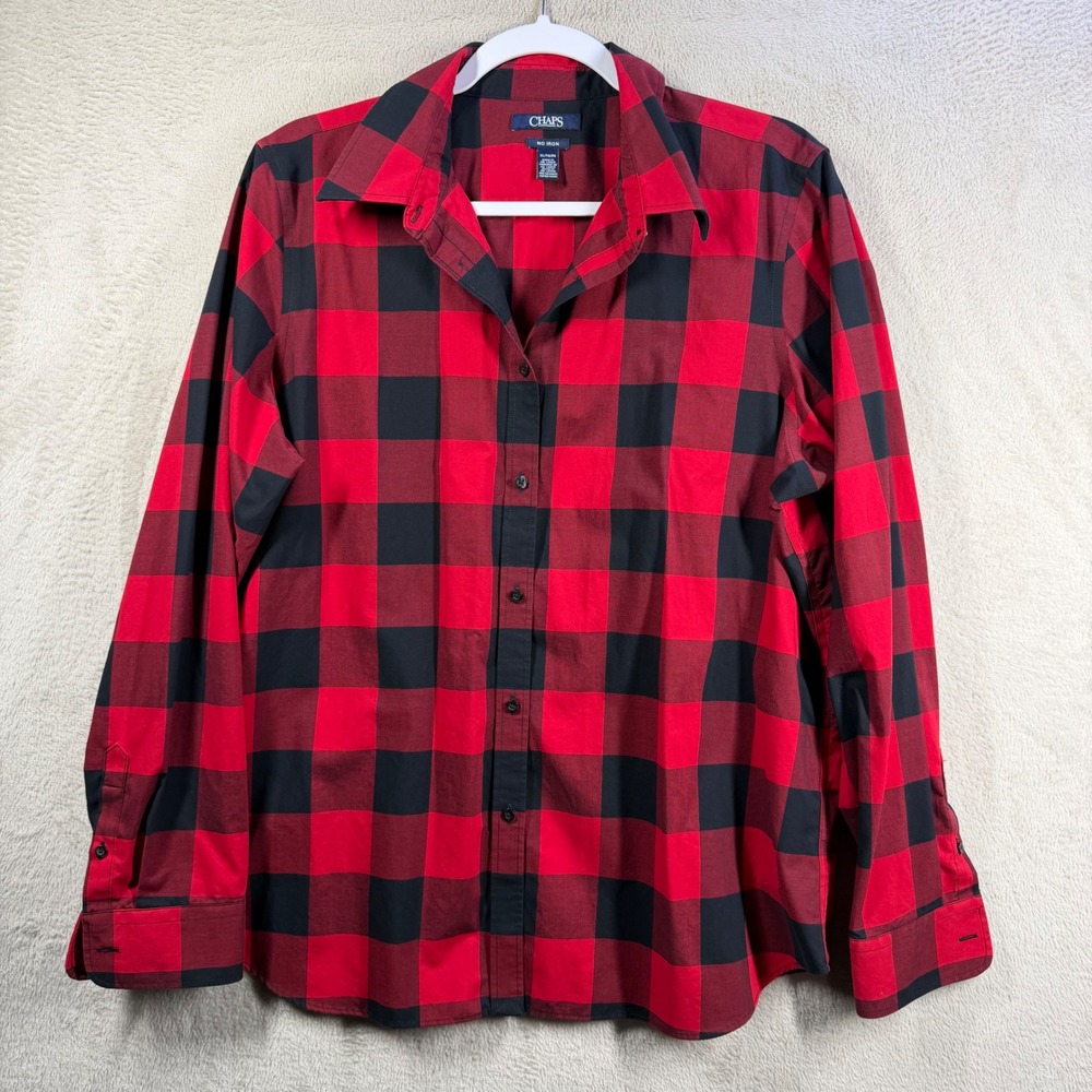 Chaps Button Down Shirt Womens XL Red Buffalo Plaid No Iron Cotton Long Sleeve